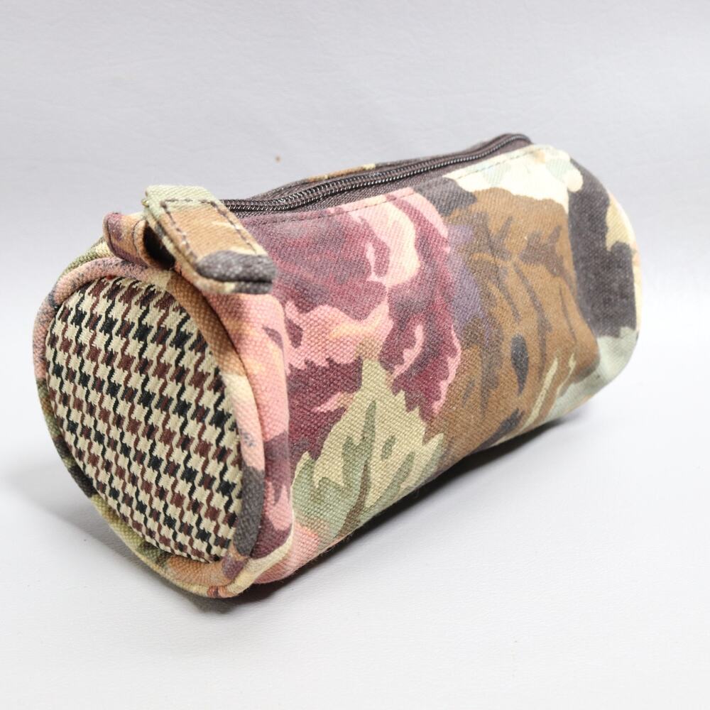 Avon Autumn Rose Makeup Bag Cosmetic Multicolor Canvas Houndstooth Zip Cylinder